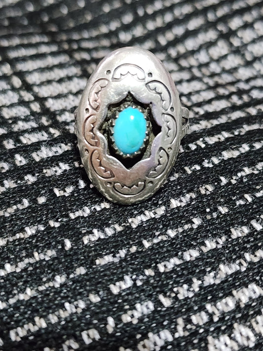 Vintage native american sterling silver sleeping beauty turquoise shadow box Navajo ring size 6