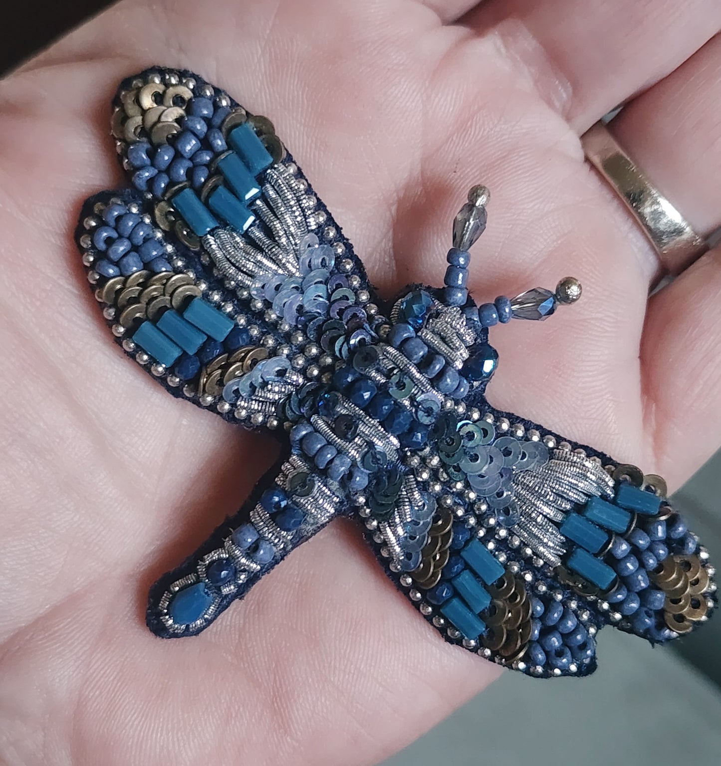 Embroidered handmade dragonfly pin brooch  blue tones