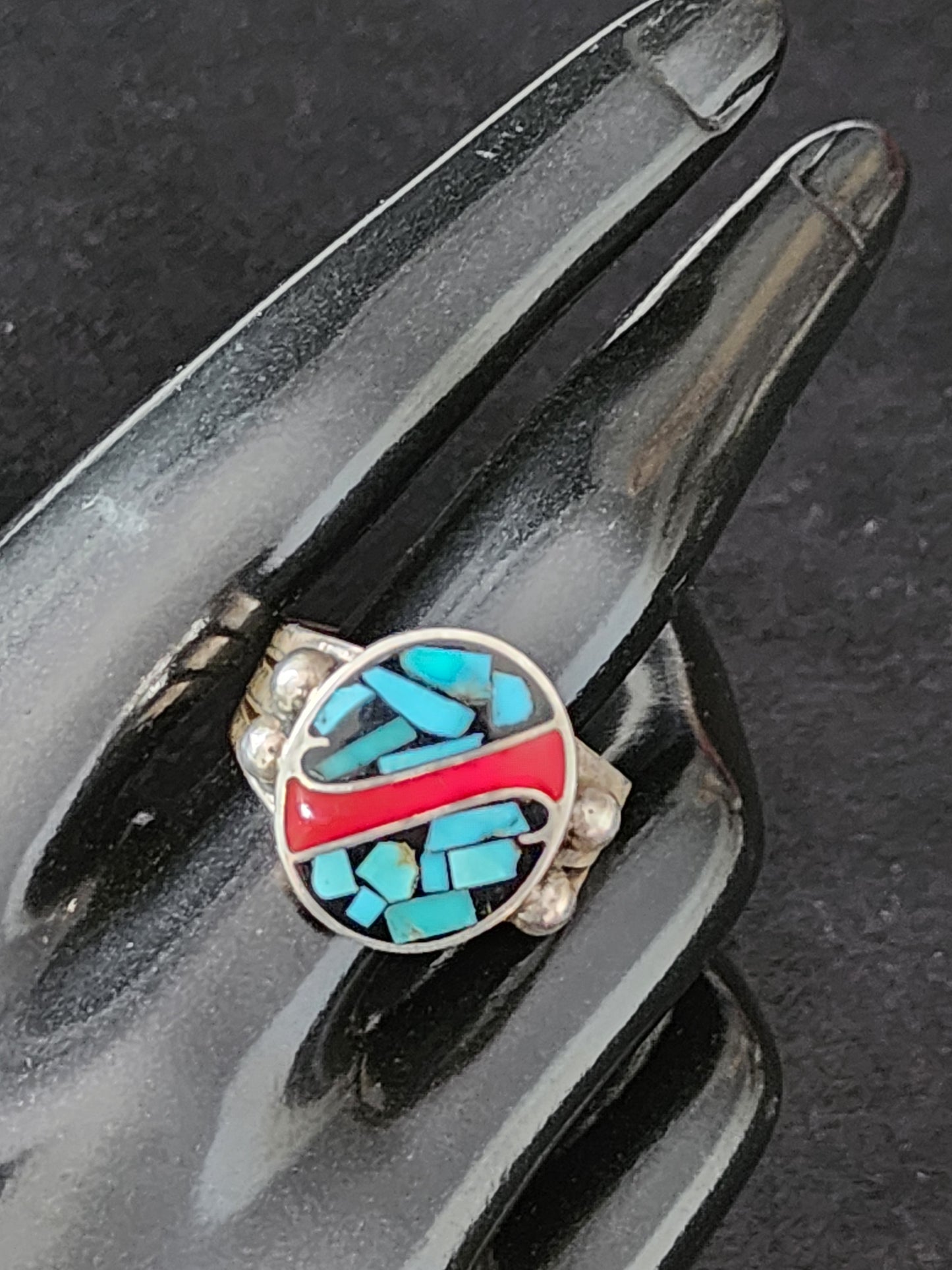 Sterling Silver Native American Coral & Turquoise Ring size 12.5