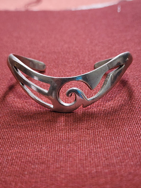 Sterling Silver Taxco Mexico cuff bracelet with wave design signed JAB