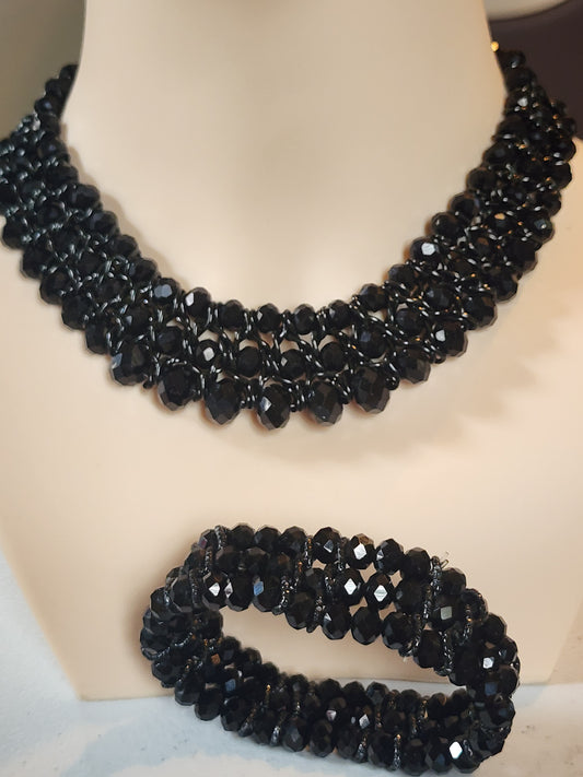 Jet black faceted glass bead bracelet and necklace set