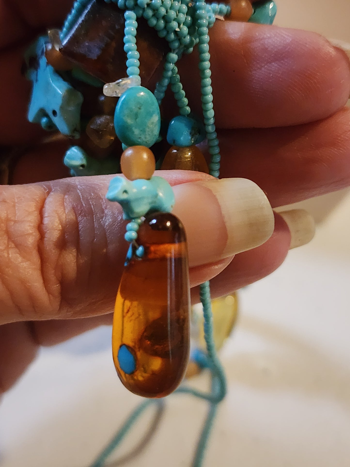 Handmade native american seed bead turquoise fetish Necklace
