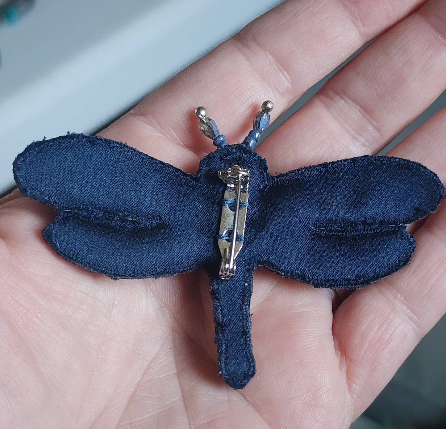 Embroidered handmade dragonfly pin brooch  blue tones