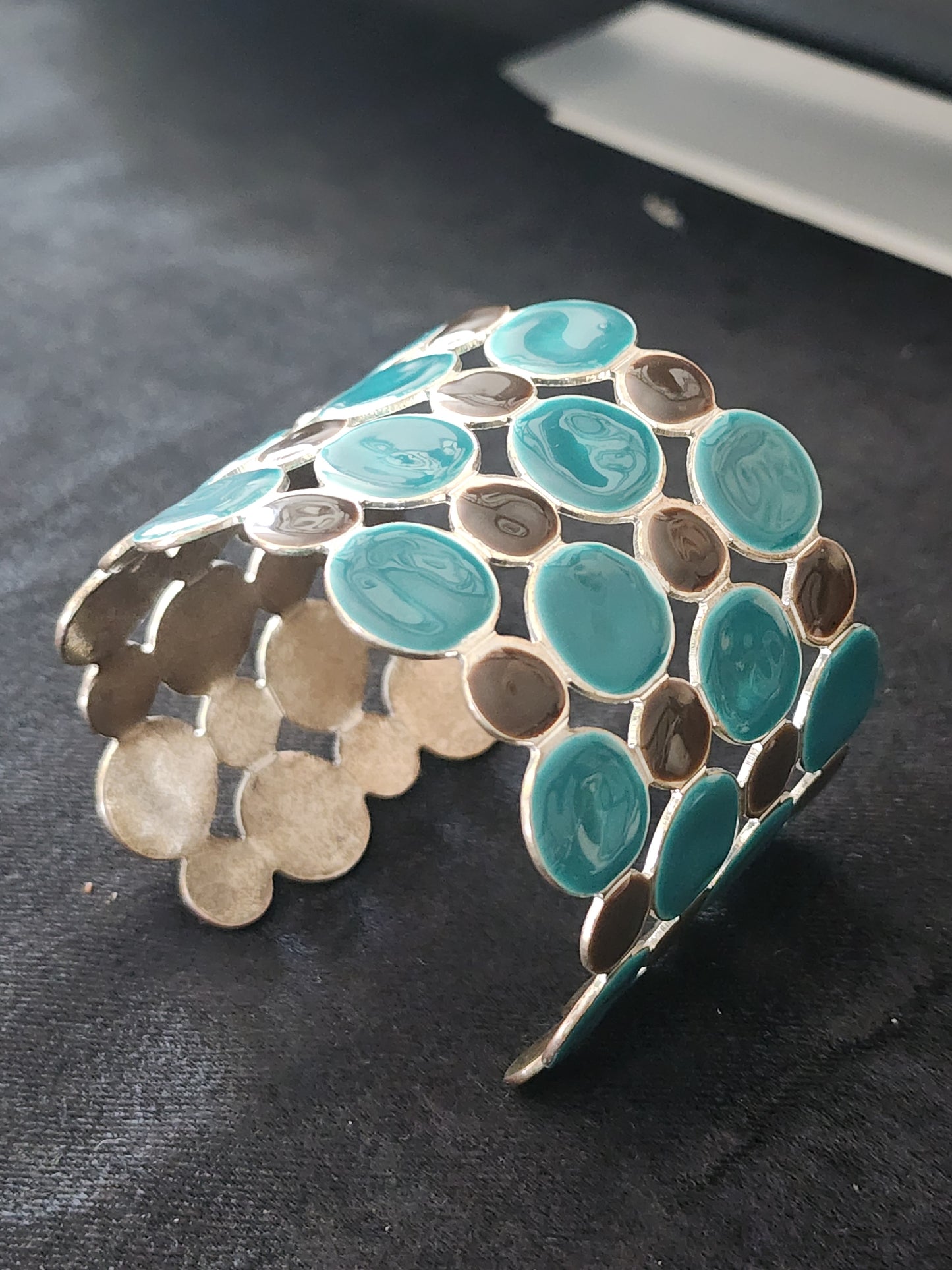 Chunky Blue & Black Enamel cuff Bracelet retro Mid-century style