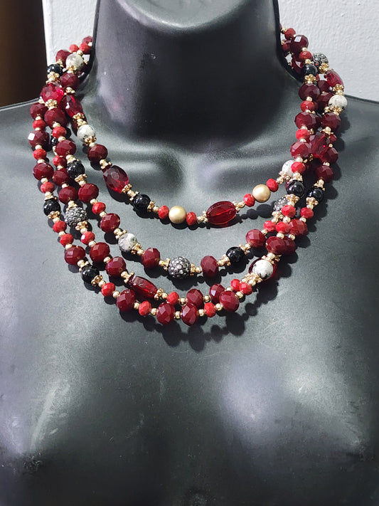 4 strand red glass & rhinestone beaded necklace