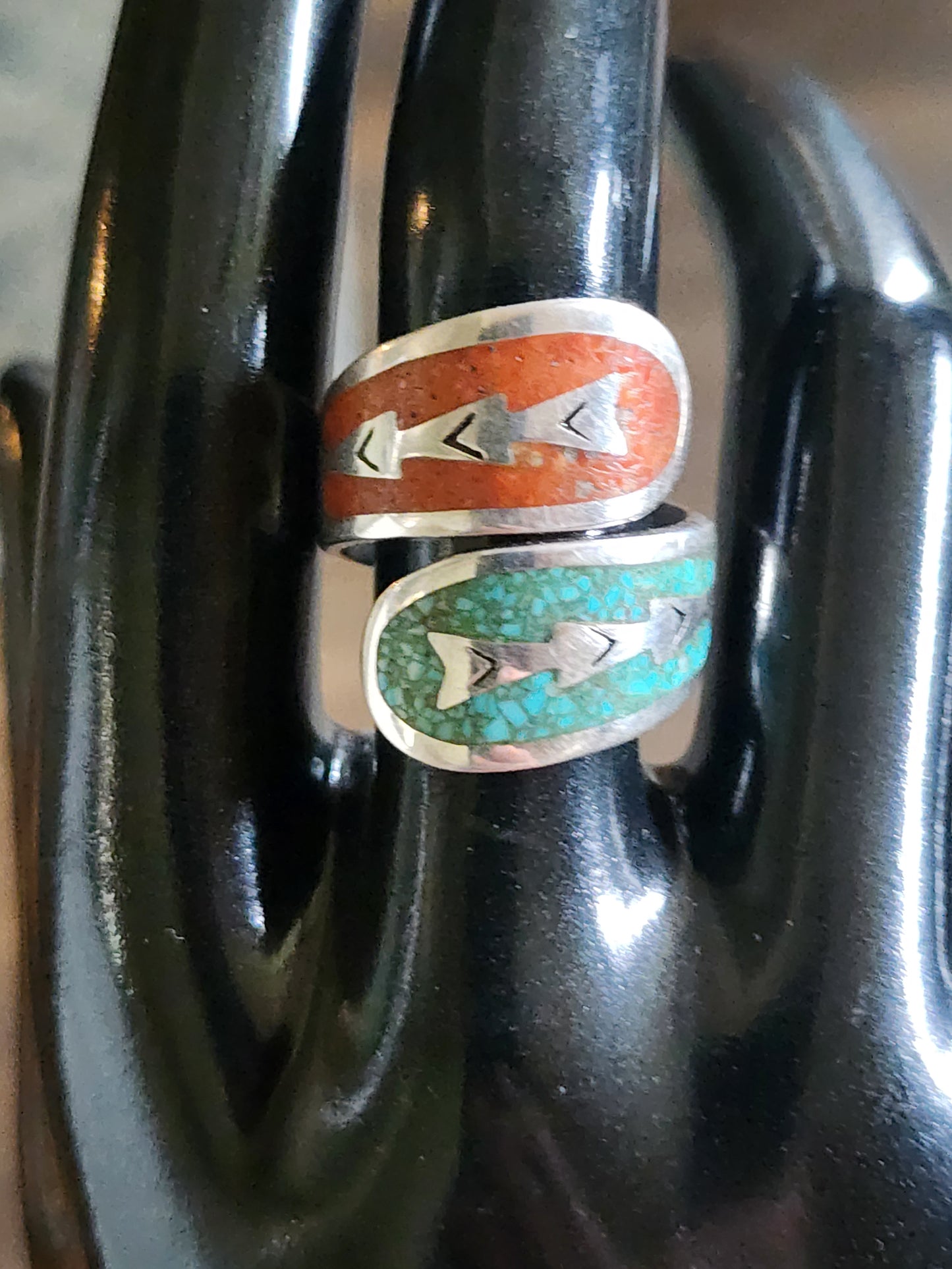Sterling silver Jay king desert Rose Bypass ring size 7.5 turquoise and coral