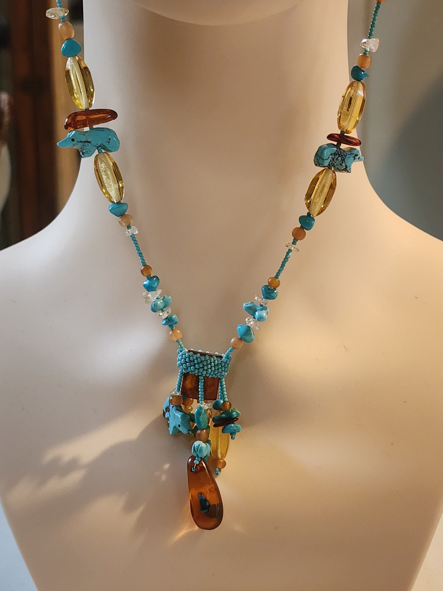 Handmade native american seed bead turquoise fetish Necklace
